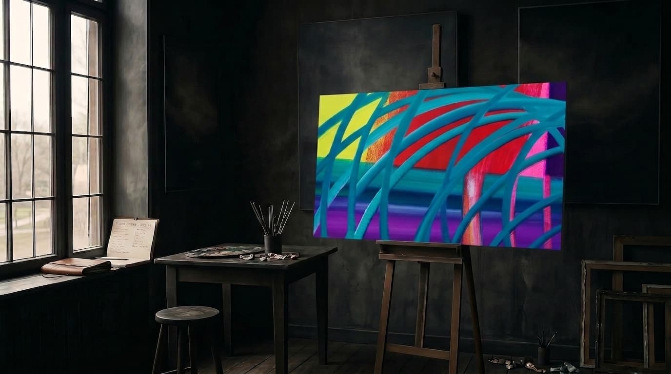Atelier von Renate Menneke mit einem großformatigen abstrakten Gemälde auf der Staffelei